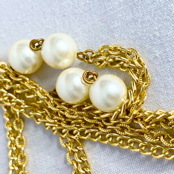 Gold Tone Twisted Cable Chain Necklace Two Strands Station Pearly Beads Tassle - Picture 6 of 9